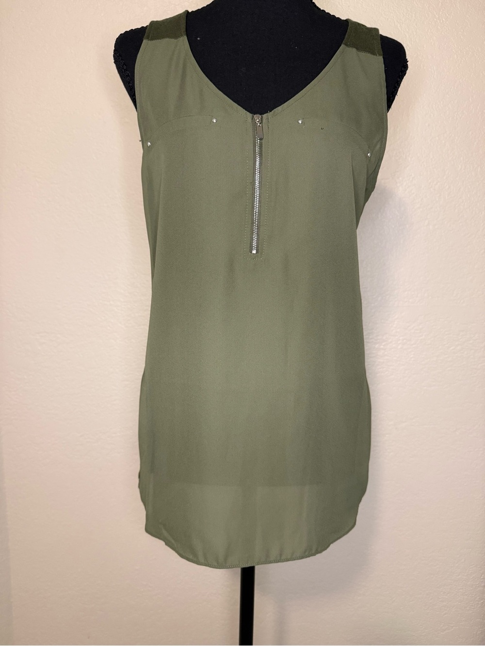 Olive Green Sleeveless Zip-Front Women's Tank Top
